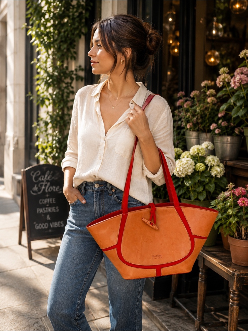Claudia Firenze tote crafted in tan leather with vibrant red suede trim